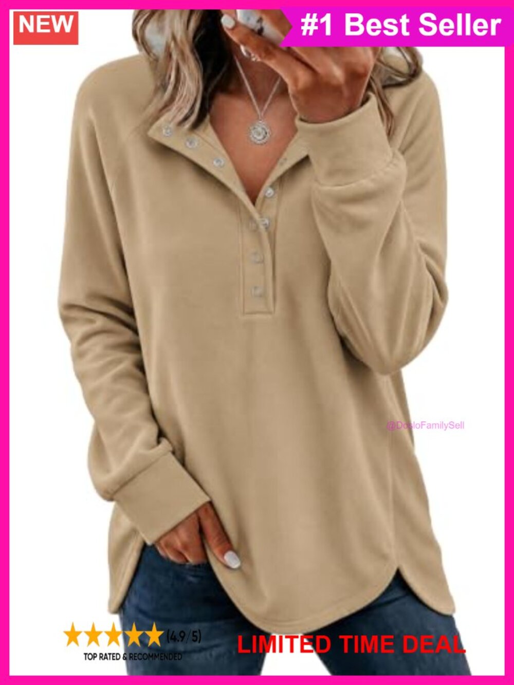Oversized Henley Sweatshirt Tunic Pullover 100% Polyester Loose Fit
